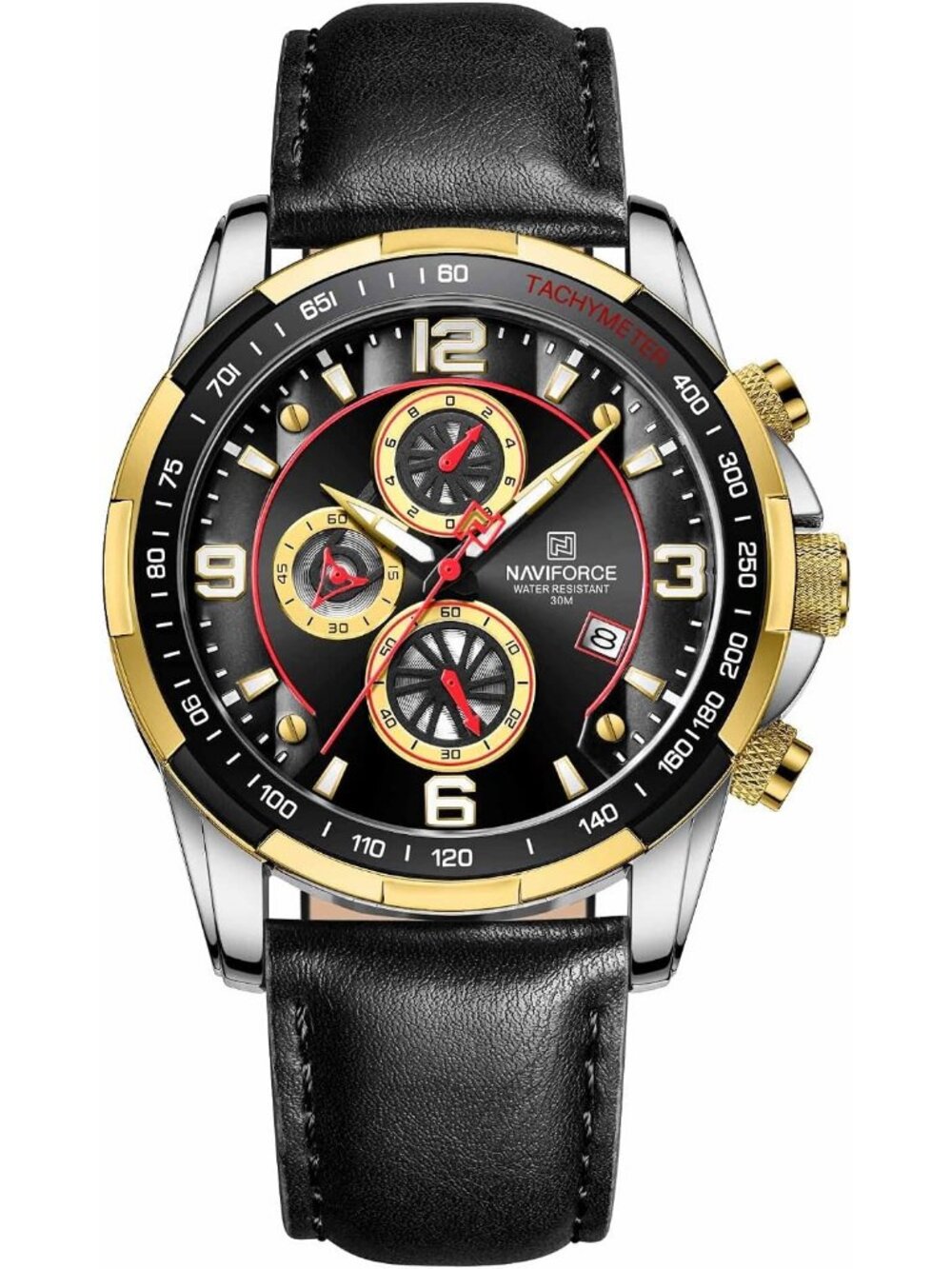 Men's Gold Black Analog Quartz Chronograph Leather Strap Fashion Wrist Watch